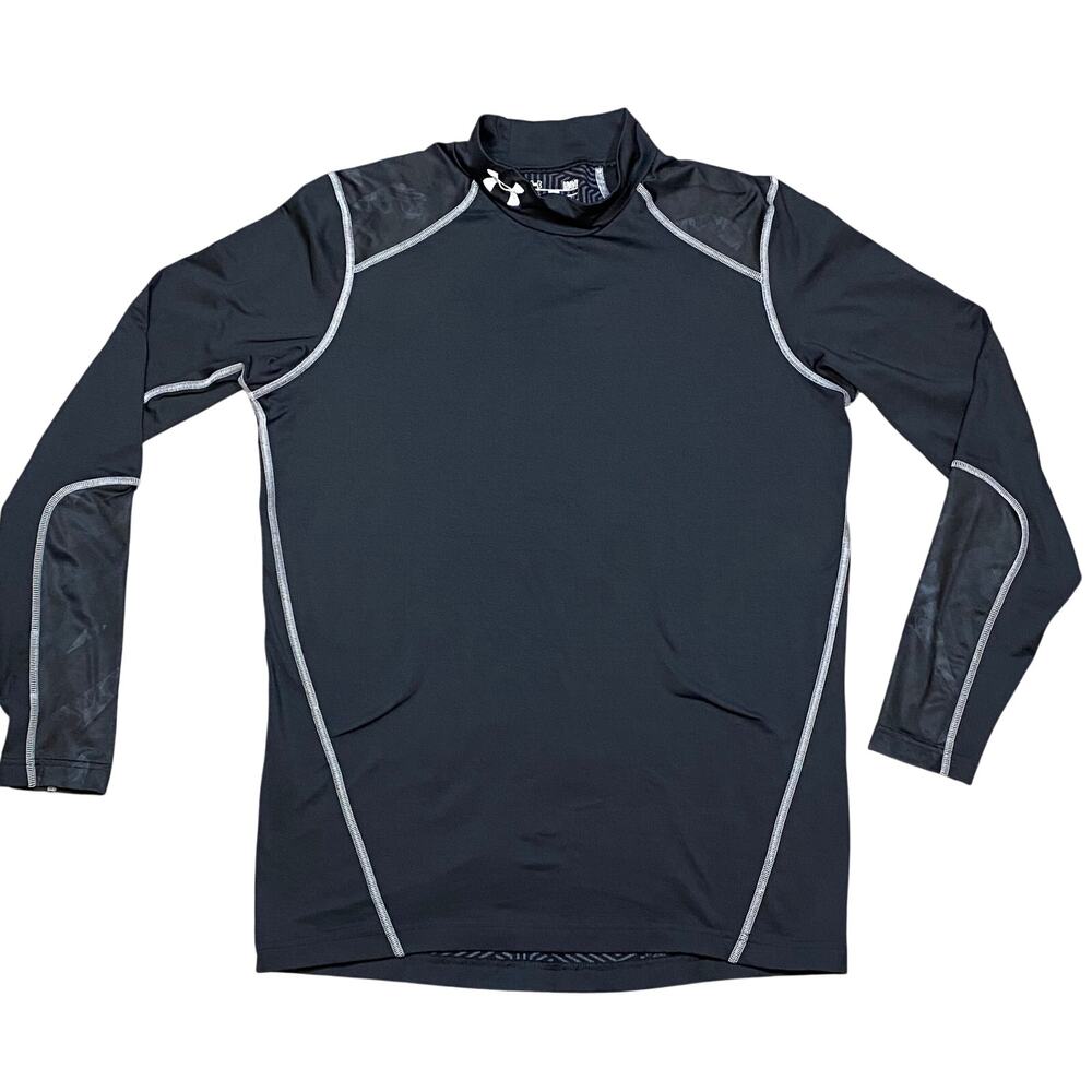 Under Armour Shirt Large Fitted Black Mock Neck Coldgear Compression Long Sleeve